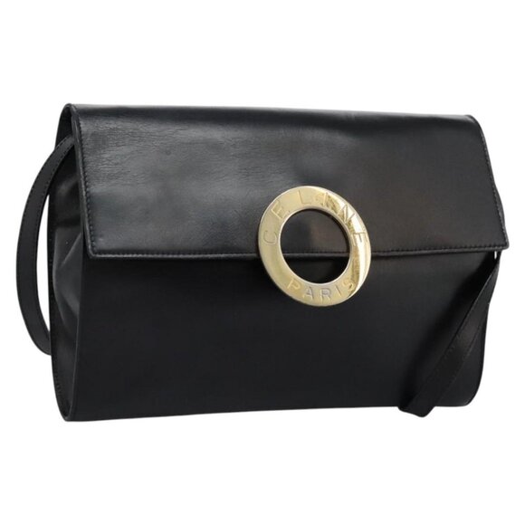 CELINE Circle Shoulder Bag Leather Black Gold Auth BD909 - Picture 1 of 16